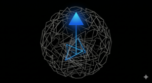 Signal Economy. An abstract or semi-abstract composition — a single clean line, waveform, or shape cutting through a dense field of similar but slightly-off variants. One coherent signal rising out of a field of noise.