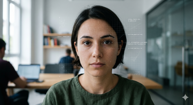 This is about the condition where human signals are read by machines before they reach humans. This image puts the reader inside the moment the definition describes. The subject's eyes being visible keeps the piece from feeling dystopian — the human is still the point, just now being interpreted through a layer.
