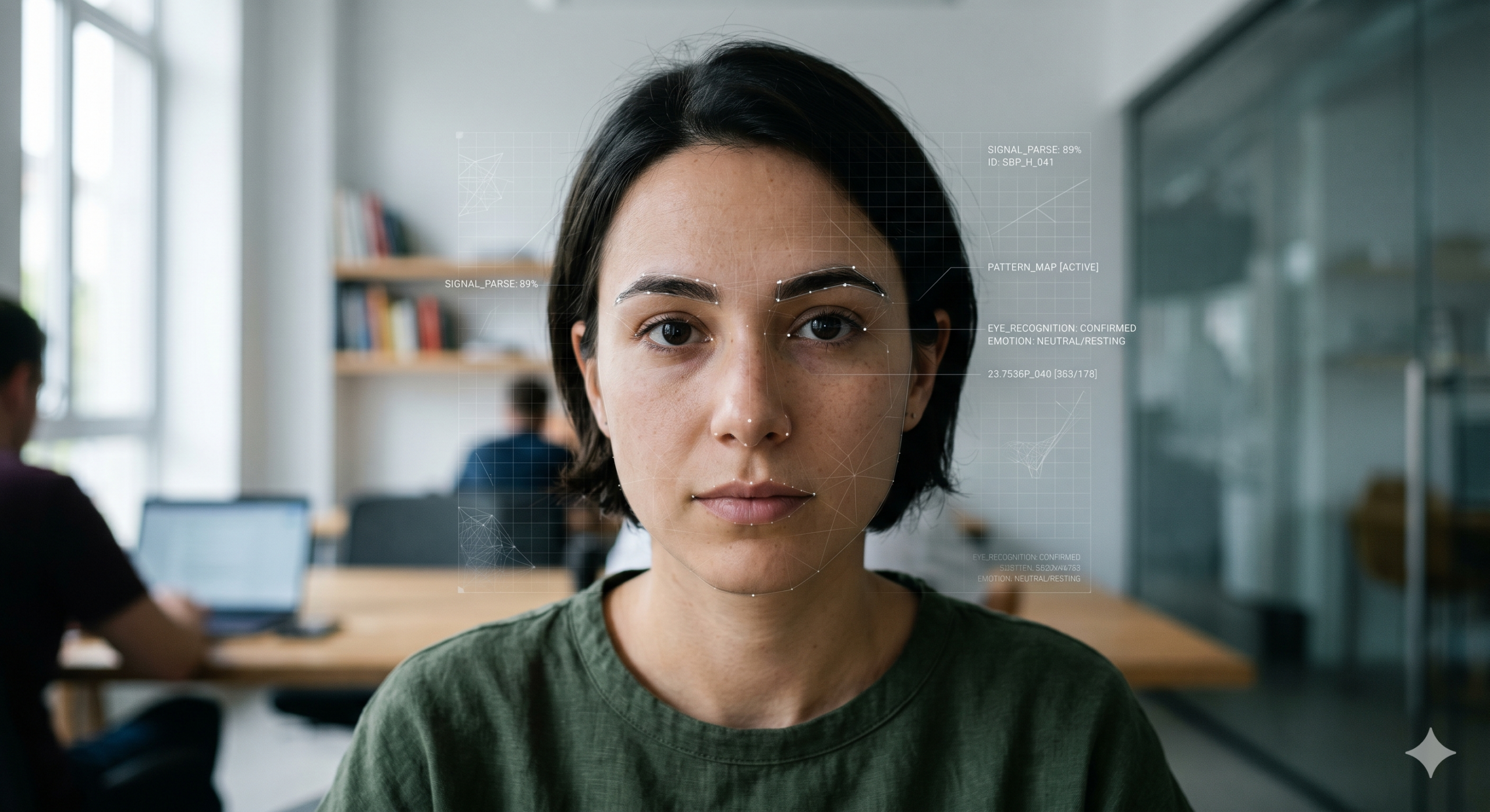 This is about the condition where human signals are read by machines before they reach humans. This image puts the reader inside the moment the definition describes. The subject's eyes being visible keeps the piece from feeling dystopian — the human is still the point, just now being interpreted through a layer.